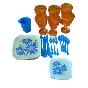 Vintage Blue Flower Plastic Doll Tea Set 70's